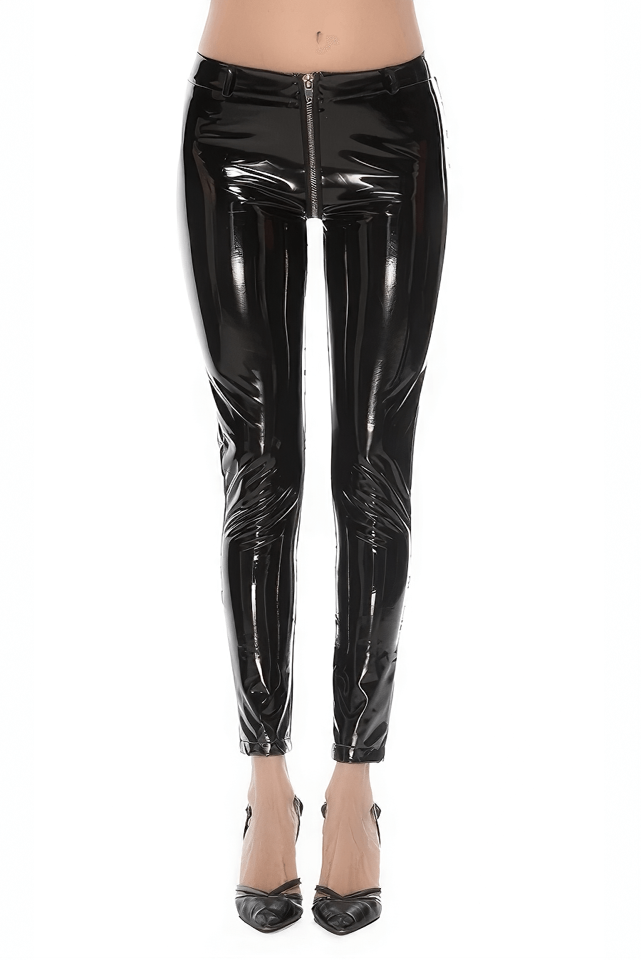 Women shiny black PU leather leggings with back zipper, low rise fit for a stylish and bold look.