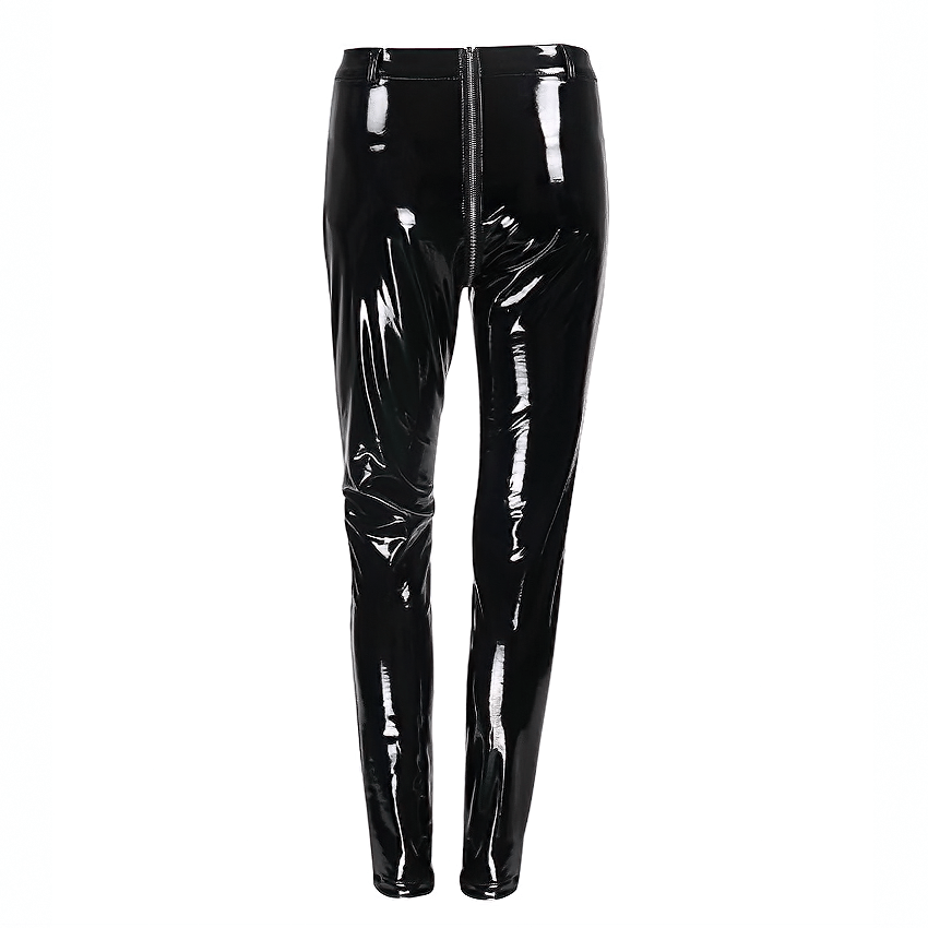 Women sexy shiny black PU leather leggings with back zipper, perfect for a stylish and gothic look.