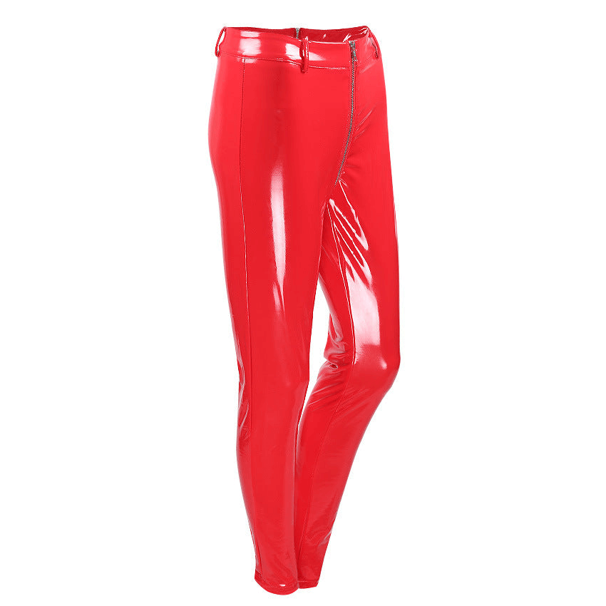 Women red shiny PU leather leggings with back zipper, perfect for a stylish Gothic outfit.