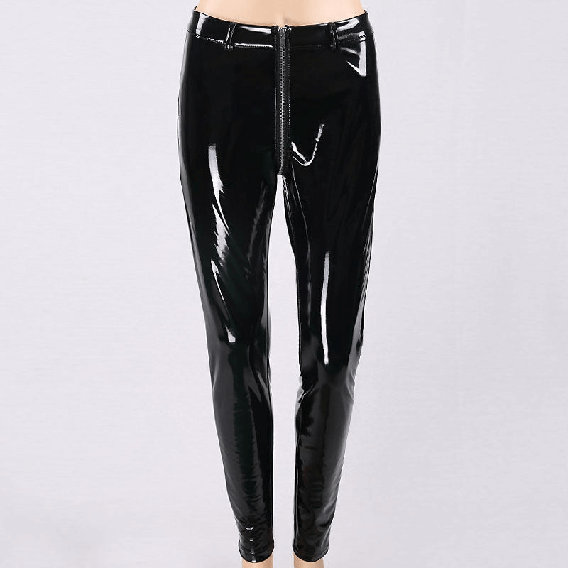 Women sexy shiny PU leather leggings with back zipper, perfect for gothic or stylish outfits.