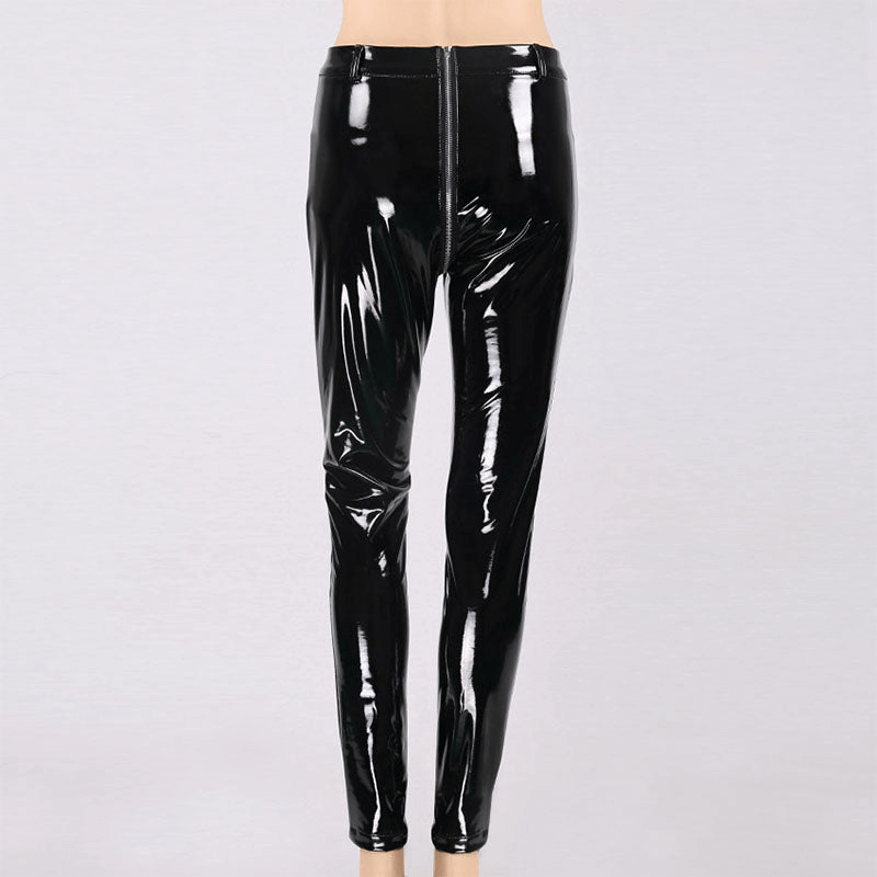 Shiny black PU leather leggings for women with back zipper, featuring a flattering low rise and push-up design.