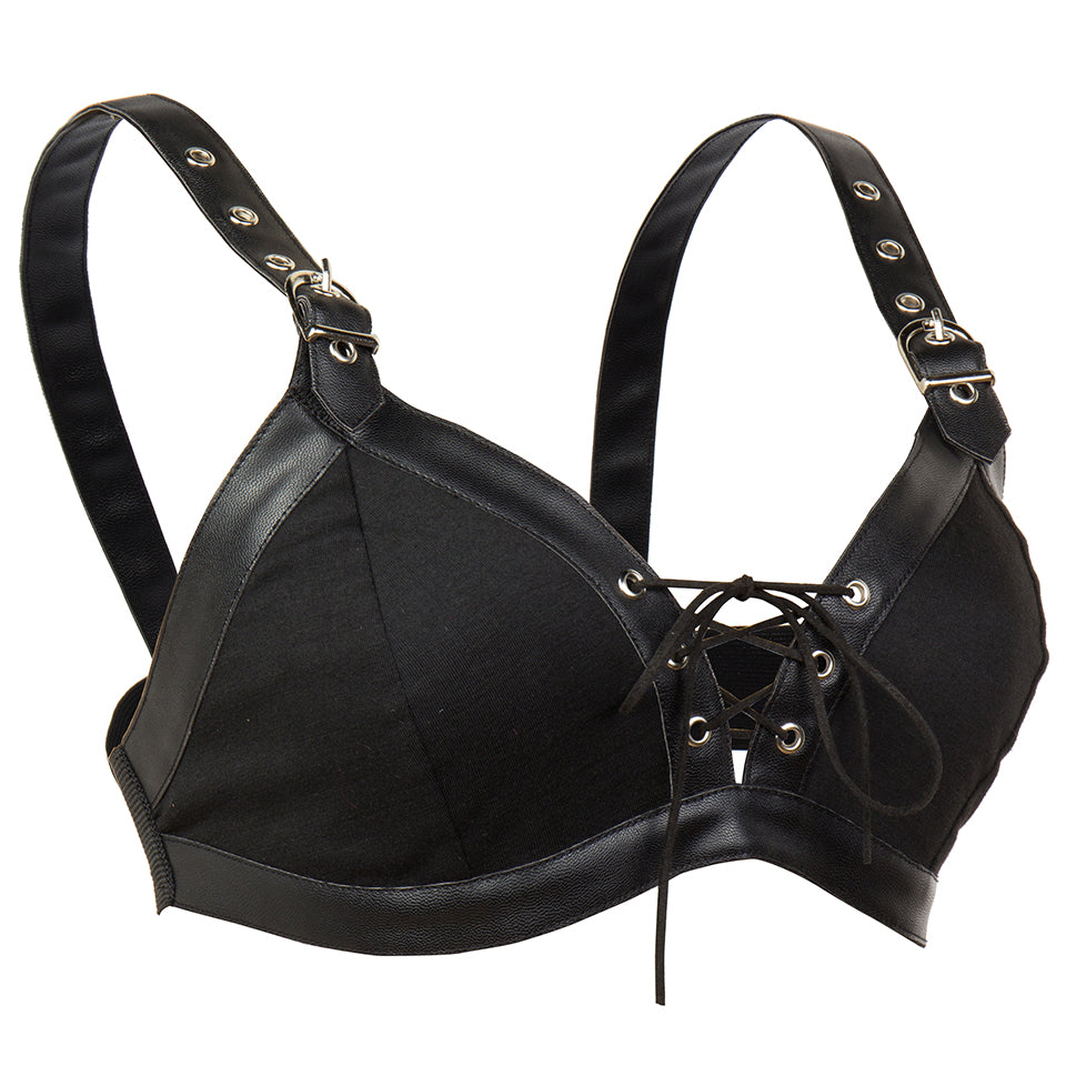 Black lace-up steampunk bra for women, perfect for gothic and rock outfits, featuring adjustable straps and faux leather design.