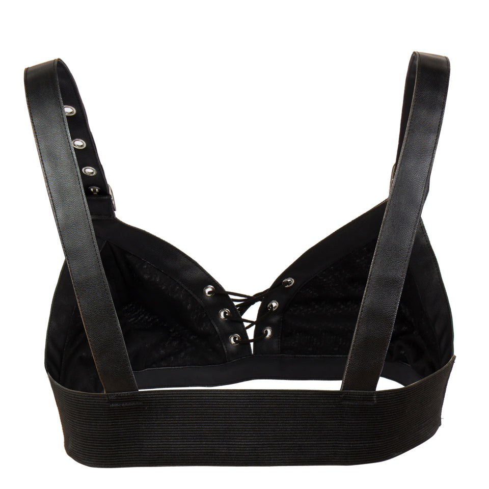 Black steampunk lace-up women's leather bralette with adjustable straps, perfect for gothic and rock outfits.