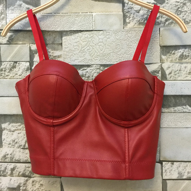 Women Steampunk Corset Bra Tops / Red PU Leather Bralette Push up Bras for Women in Gothic Style - HARD'N'HEAVY