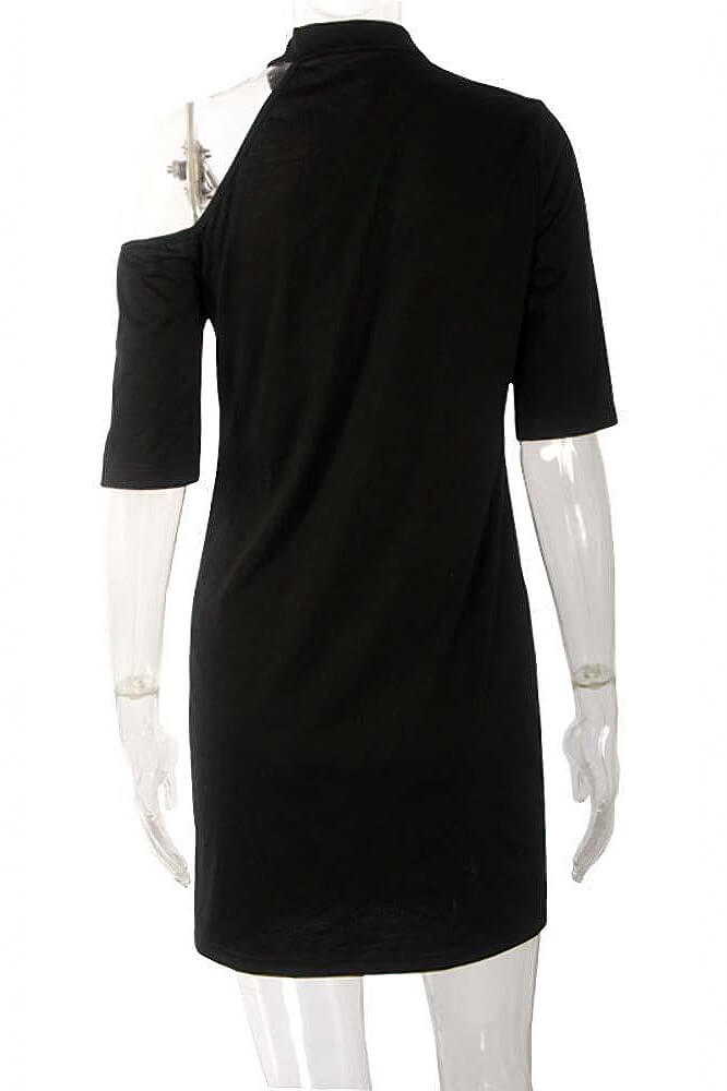 Back view of women vintage off-shoulder mini dress in rock style, featuring short sleeves and a sleek cut.