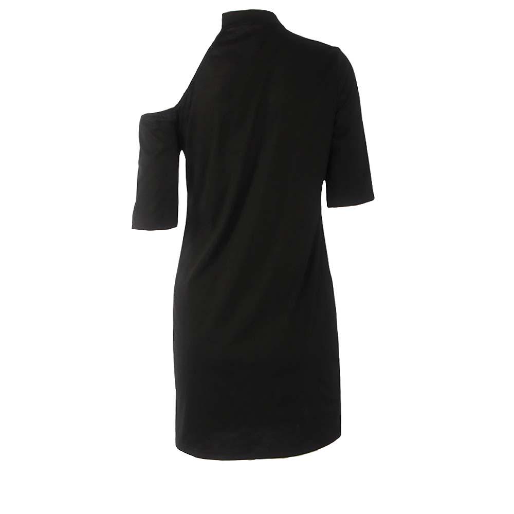 Back view of women's vintage off-shoulder mini dress in rock style, featuring short sleeves and a sleek black design.