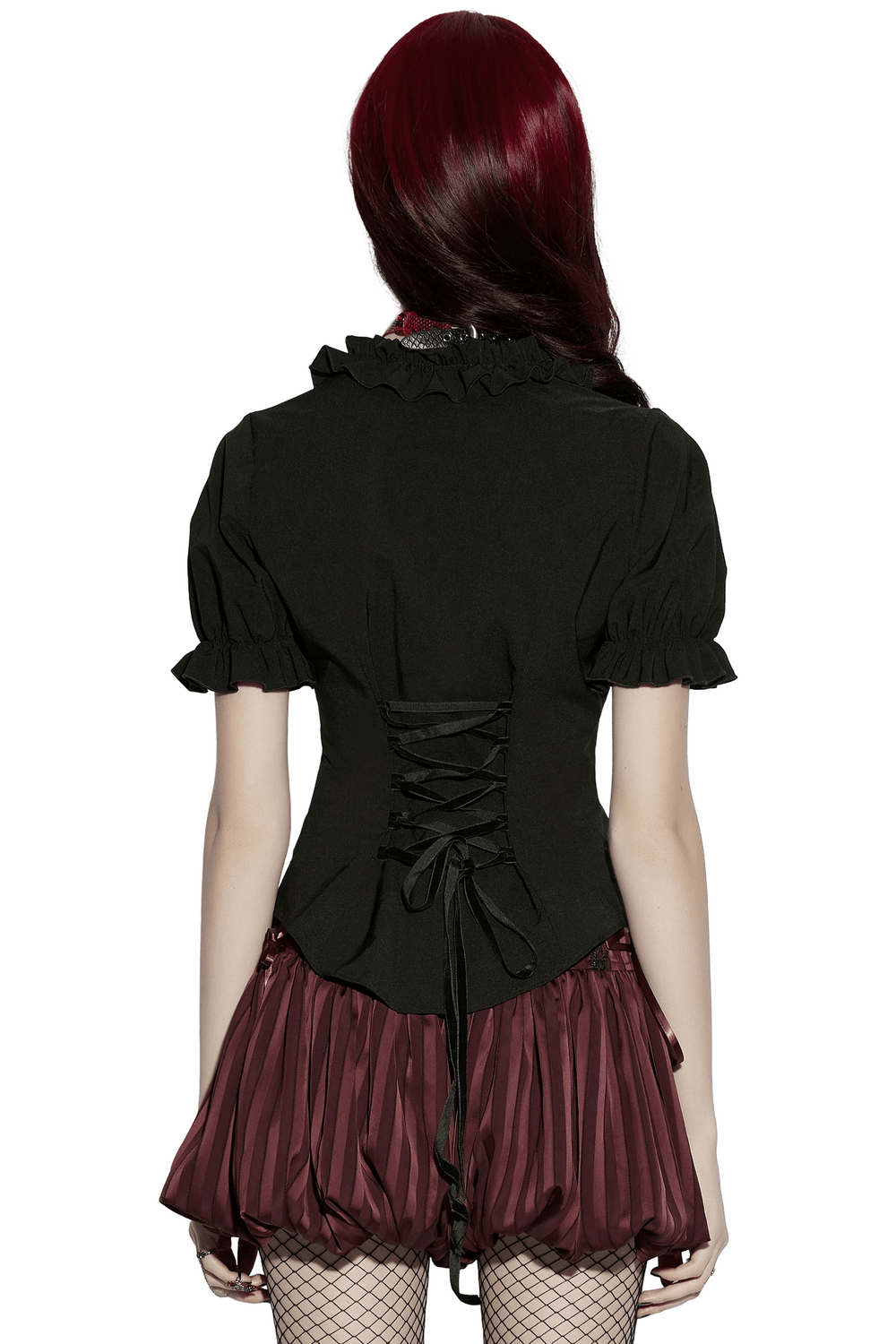 Women's Adorable Gothic Victorian Blouse with Tie-Up back view, black ruffled corset lace-up top, short puff sleeves