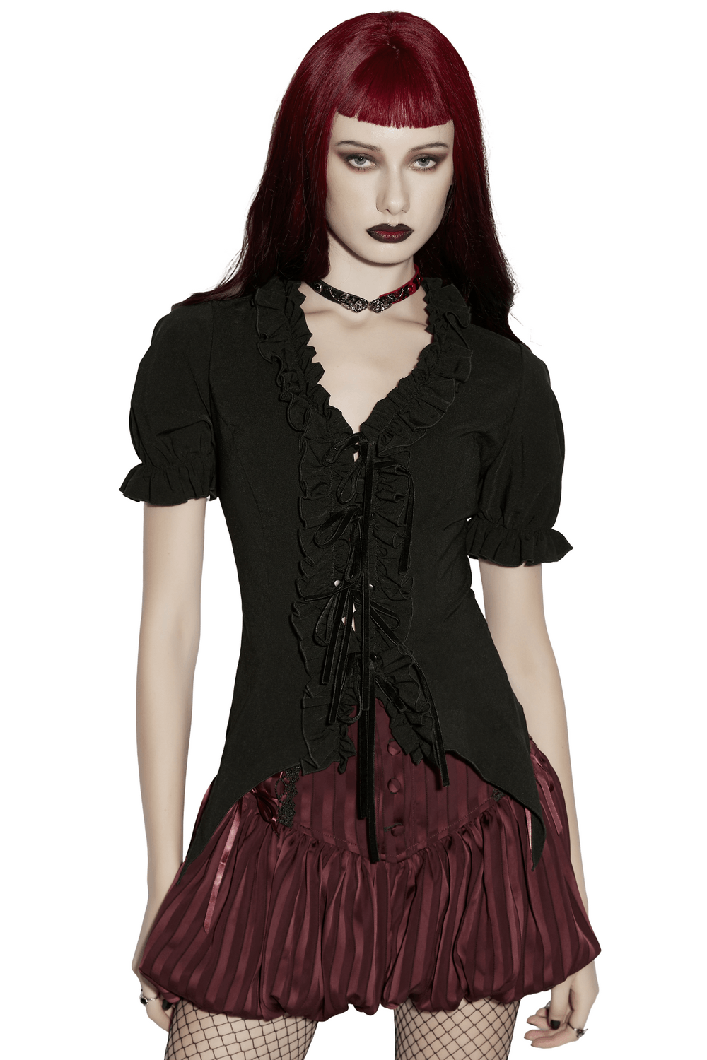 Alt Tag: Women's Adorable Gothic Victorian Blouse with Tie-Up black ruffled lace-up top on model, victorian goth outfit