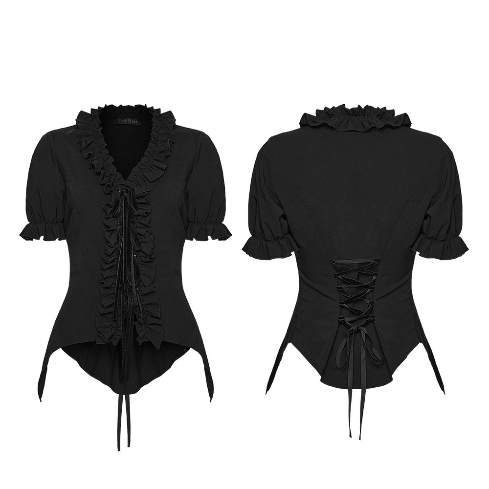 Alt Tag: Women's Adorable Gothic Victorian Blouse with Tie-Up black ruffled short-sleeve blouse, front and back view with lace-up corset back