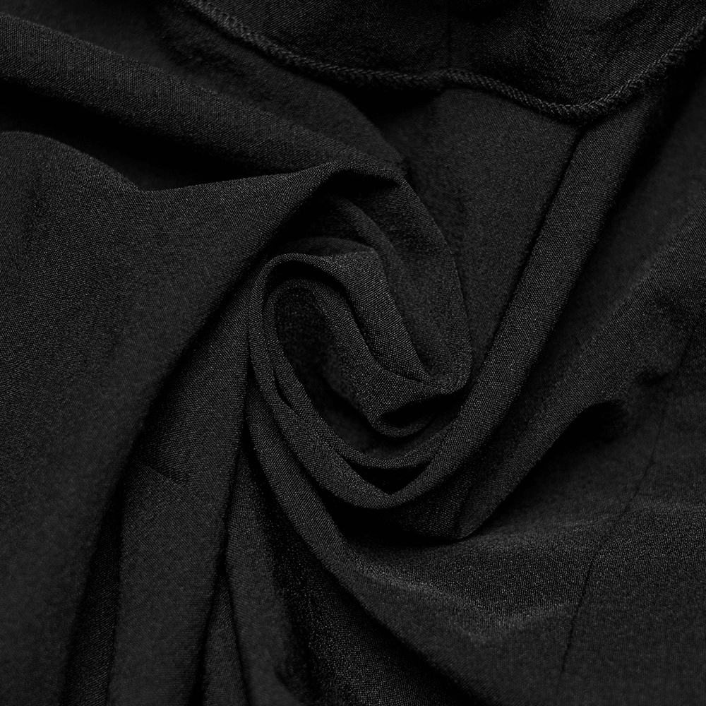 Alt Tag: Women's Adorable Gothic Victorian Blouse with Tie-Up black fabric close-up with soft folds and stitched seam detail