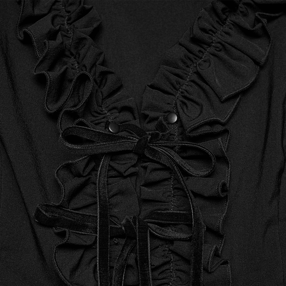 Alt Tag: Women's Adorable Gothic Victorian Blouse with Tie-Up black ruffled front close-up with tie-up bow and buttons