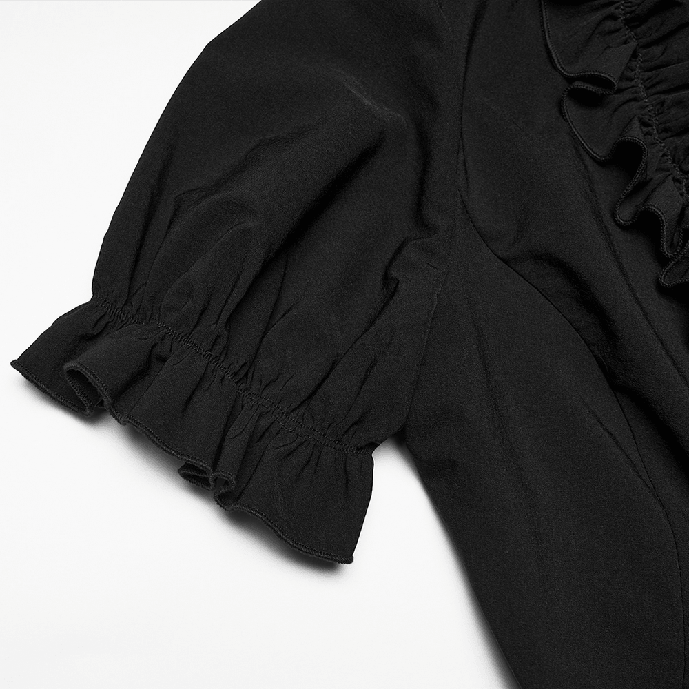 Alt Tag: Women's Adorable Gothic Victorian Blouse with Tie-Up black puff sleeve detail with ruffled cuff and lace-up front