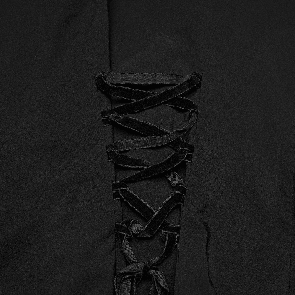 Alt Tag: Women's Adorable Gothic Victorian Blouse with Tie-Up close-up of black corset-style lace-up front panel, dramatic Victorian vibes