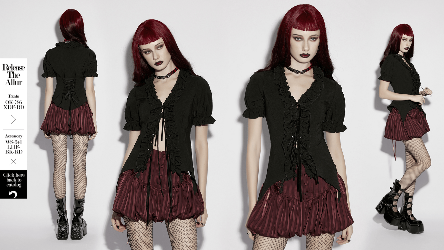 Alt Tag: Women's Adorable Gothic Victorian Blouse with Tie-Up black tie-front ruffle blouse styled with burgundy skirt and fishnets
