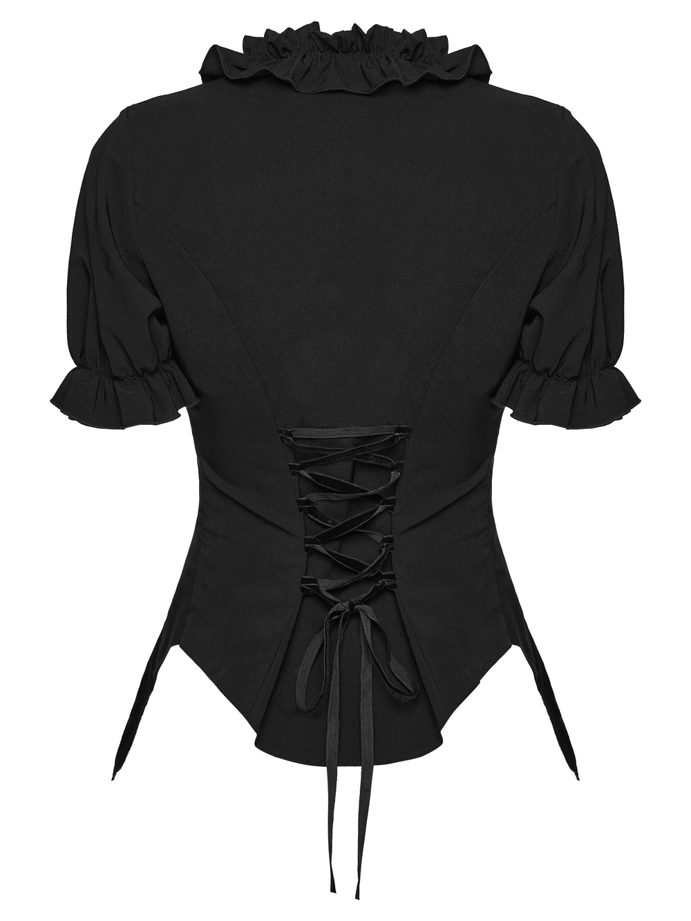 Alt Tag: Women's Adorable Gothic Victorian Blouse with Tie-Up black ruffled corset-back blouse with lace-up ribbon detail, rear view