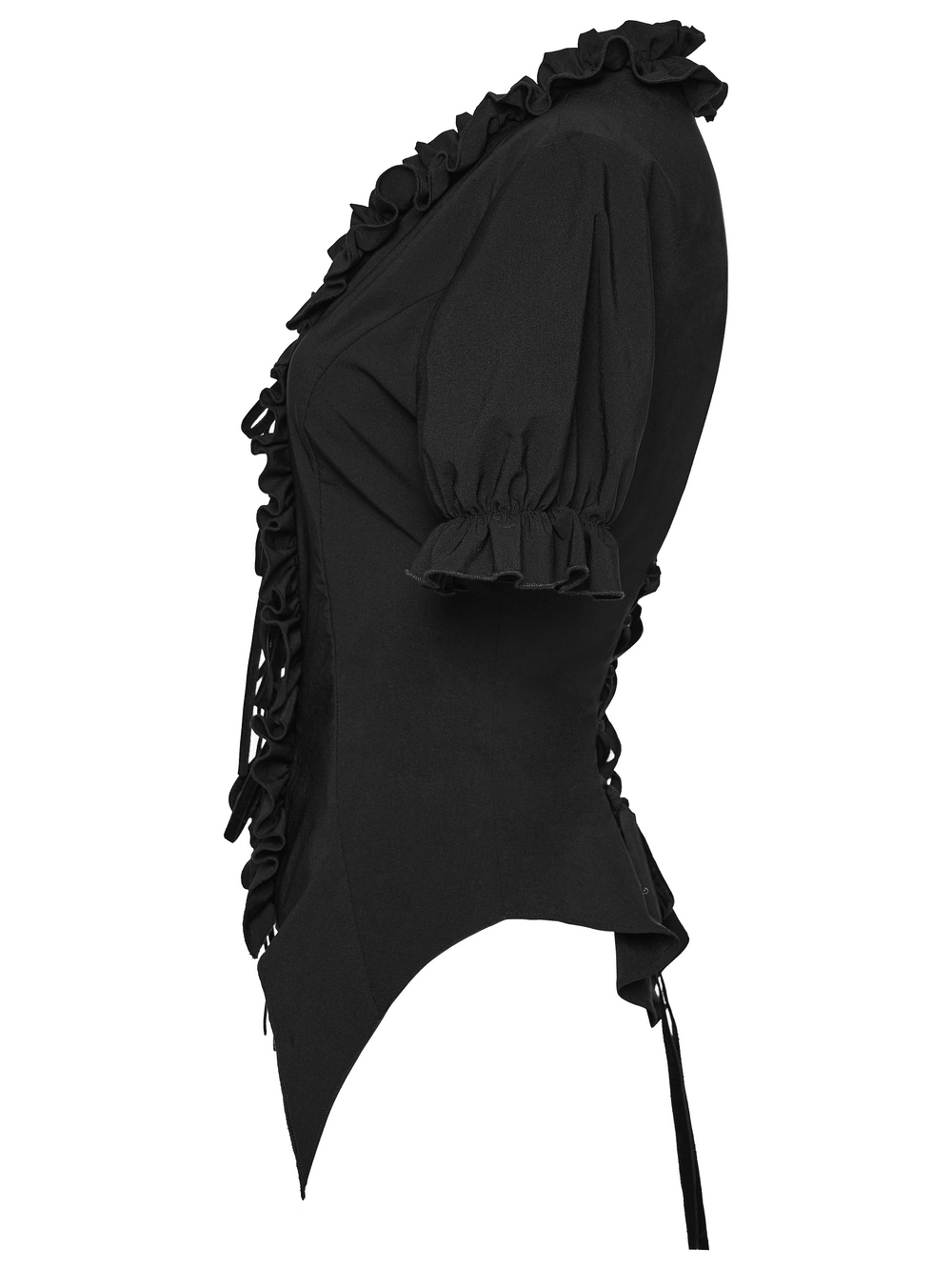 Alt Tag: Women's Adorable Gothic Victorian Blouse with Tie-Up black ruffled high-neck tie-front corset-style top side view