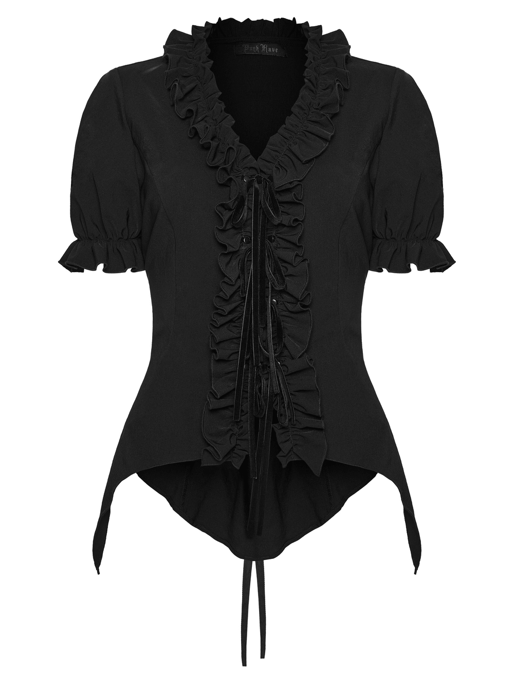 Alt Tag: Women's Adorable Gothic Victorian Blouse with Tie-Up black ruffled short-sleeve lace-up front fitted top, gothic victorian style