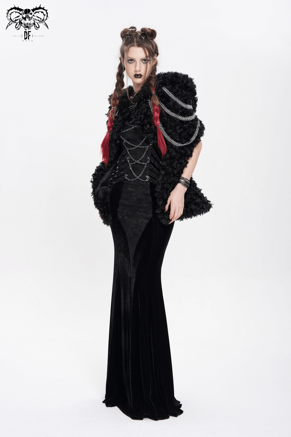 Gothic women's faux fur hooded cape with chains, perfect for festivals or alternative fashion.