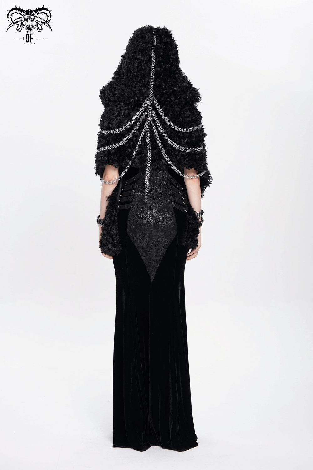 Gothic women's hooded faux fur cape with chains, showcasing a striking black silhouette from the back.