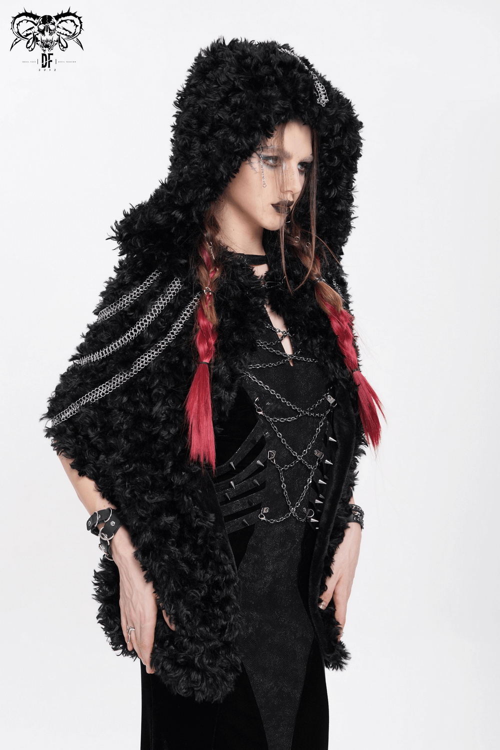 Gothic women's faux fur hooded cape with chain details, perfect for festivals and alternative fashion.