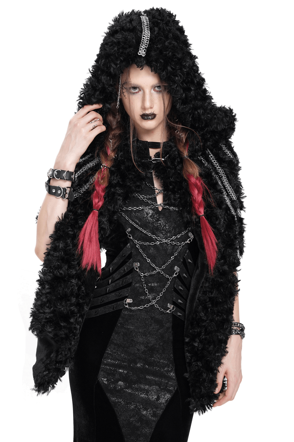 Gothic women's faux fur hooded cape with chains, perfect for alternative fashion and festivals.