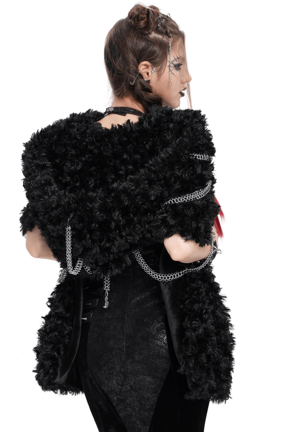 Back view of women's gothic faux fur hooded cape with silver chain details, perfect for alternative fashion and festivals.