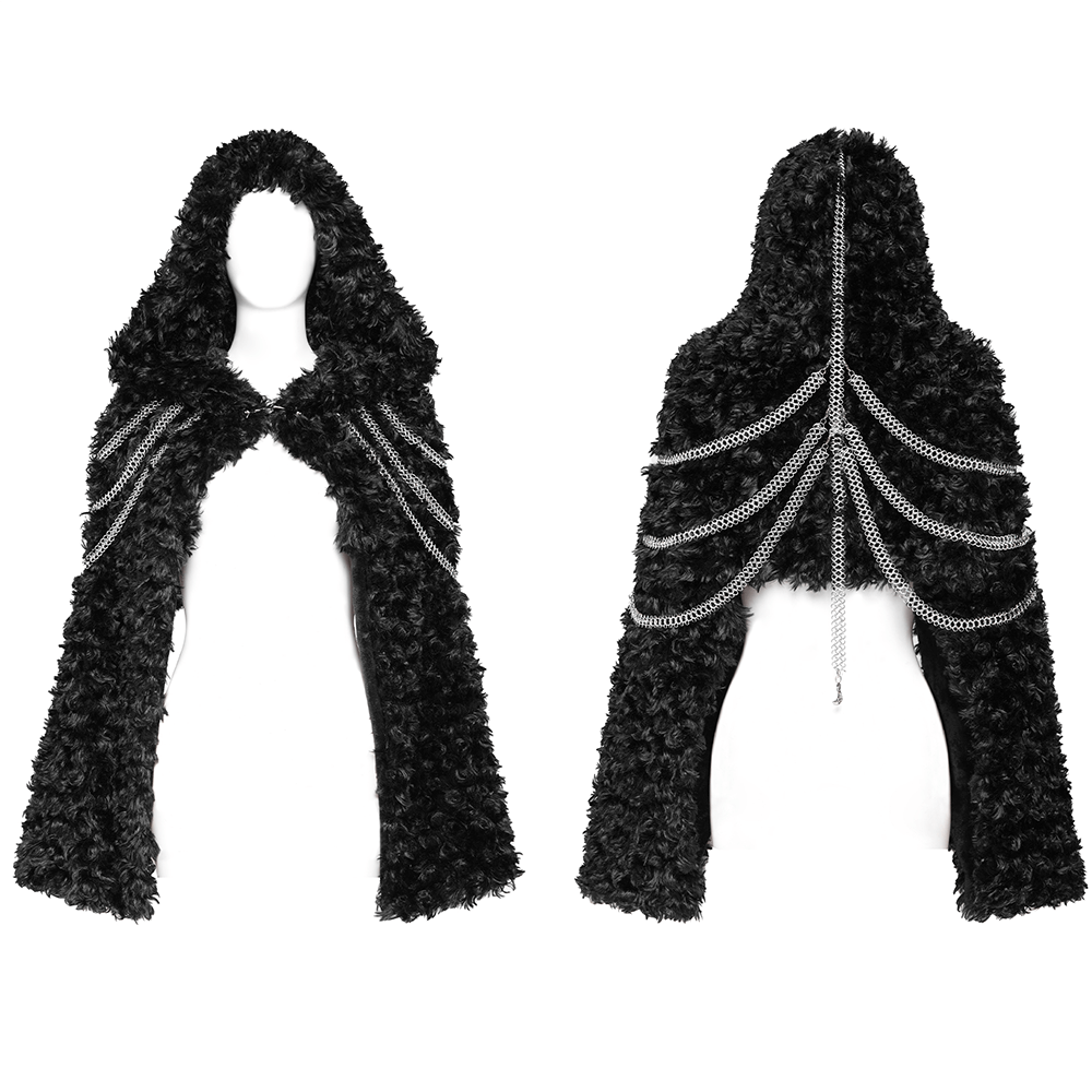 Gothic women's hooded cape in black faux fur with layered silver chains, ideal for festivals and alternative fashion.