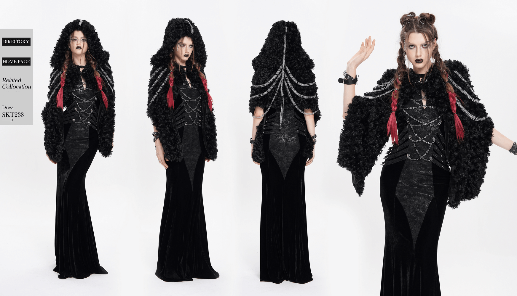 Gothic women's faux fur hooded cape with layered silver chains, ideal for festivals and alternative fashion.