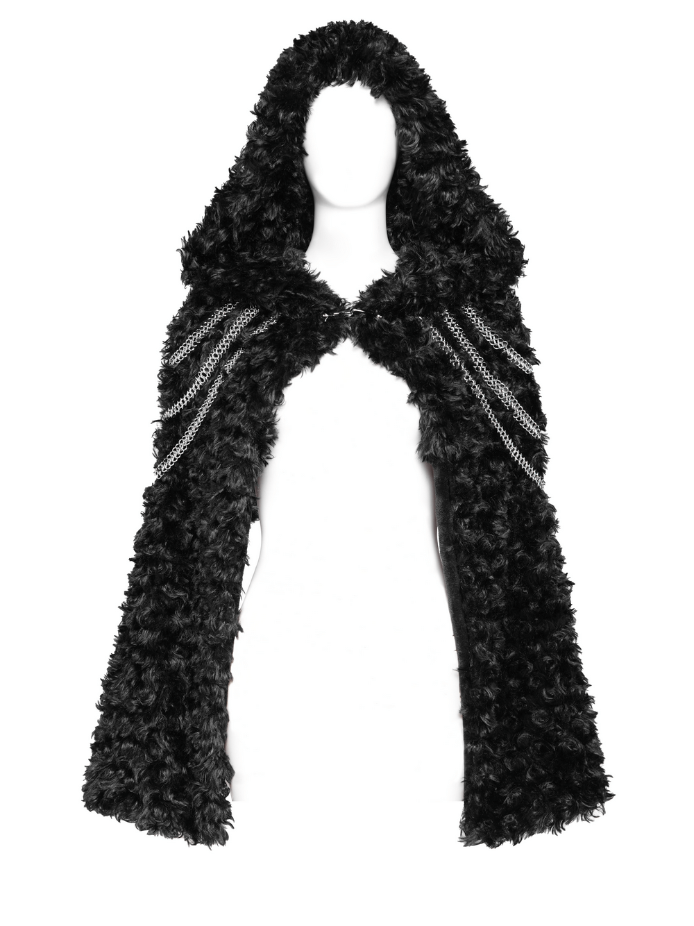 Gothic black faux fur hooded cape with layered silver chains for dramatic alternative fashion.