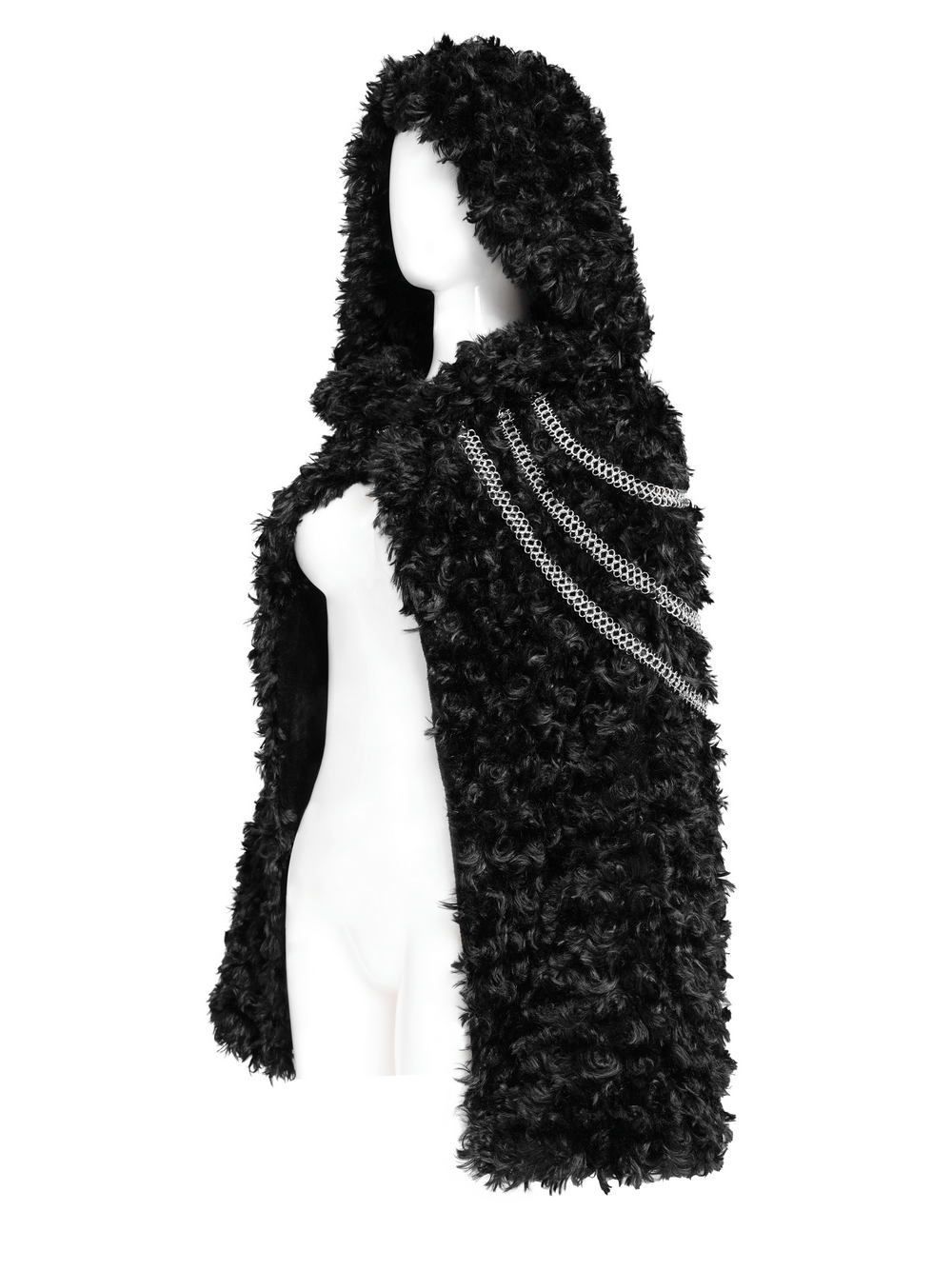 Women's Gothic faux fur hooded cape with chain details, perfect for alternative fashion and festivals.
