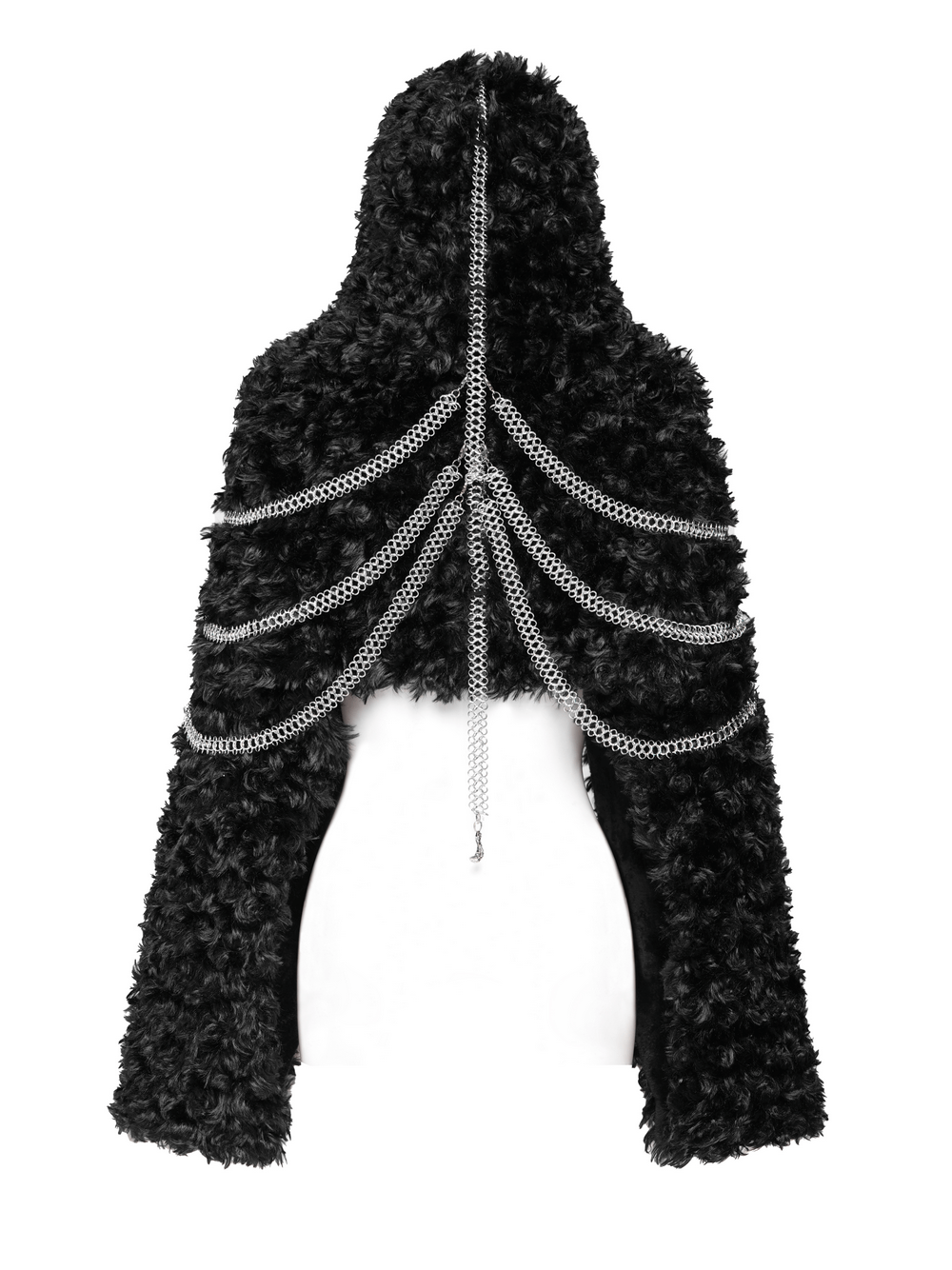 Gothic faux fur hooded cape with layered silver chains, perfect for festivals and alternative fashion.