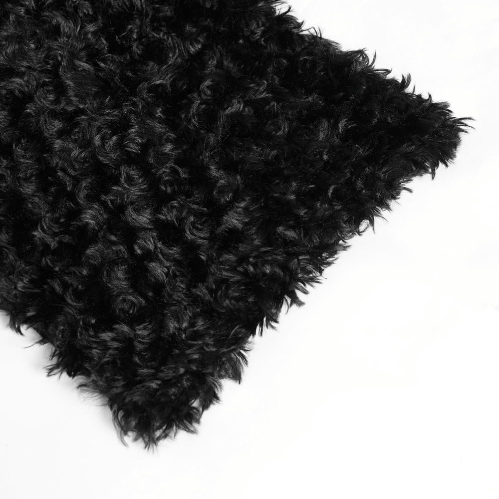 Close-up of textured black faux fur, showcasing the luxurious softness and depth for a gothic hooded cape.