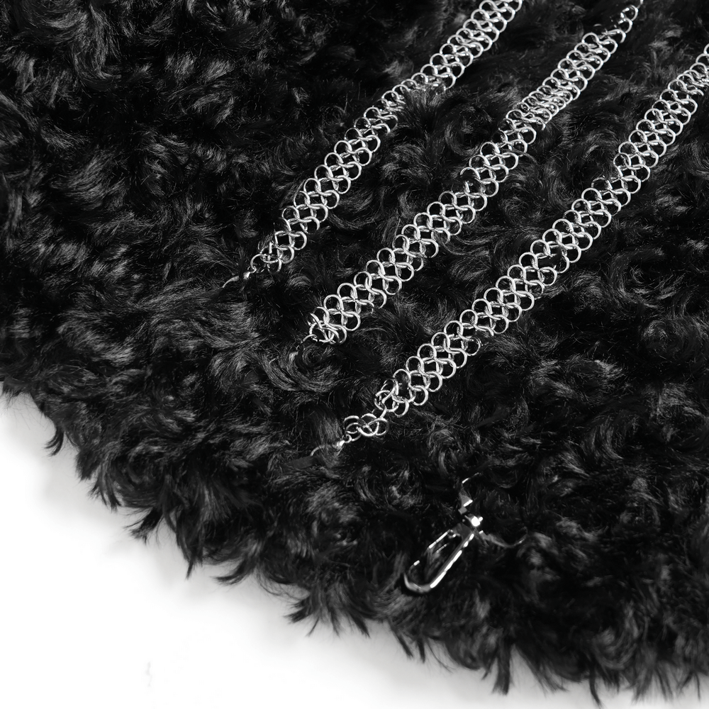 Close-up of gothic faux fur cape with layered silver chains and textured black fur, perfect for alternative fashion.