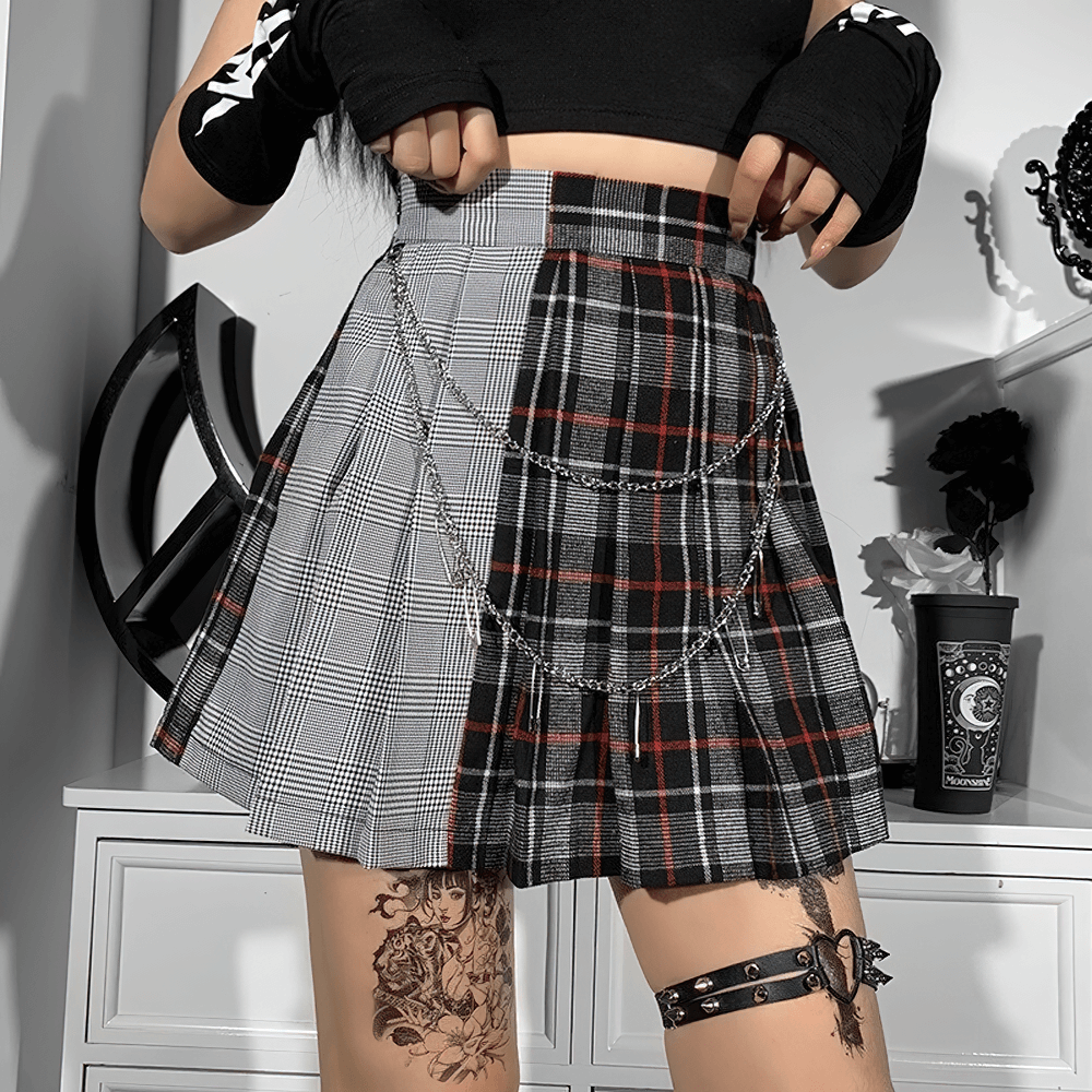 Women's Alternative Style Skirt With Chains / Cool Female Plaid Skirt / Gray Skirt For Girl - HARD'N'HEAVY