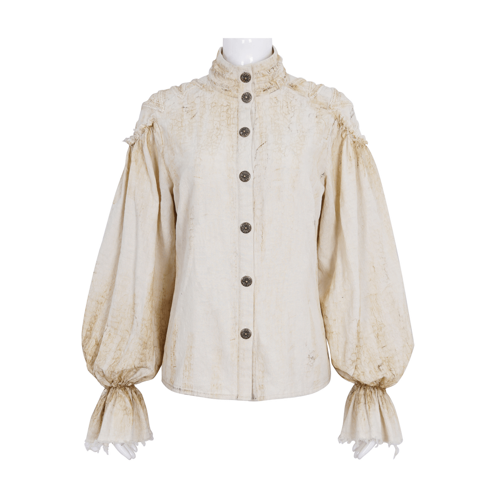 Elegant vintage women's antique ruffle sleeves shirt with high collar and button front.