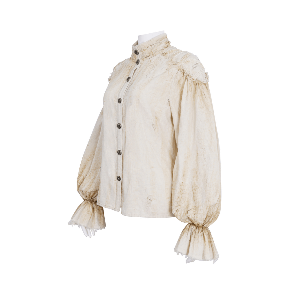 Women's antique ruffle sleeves shirt in cream with high collar and button front, showcasing vintage elegance.