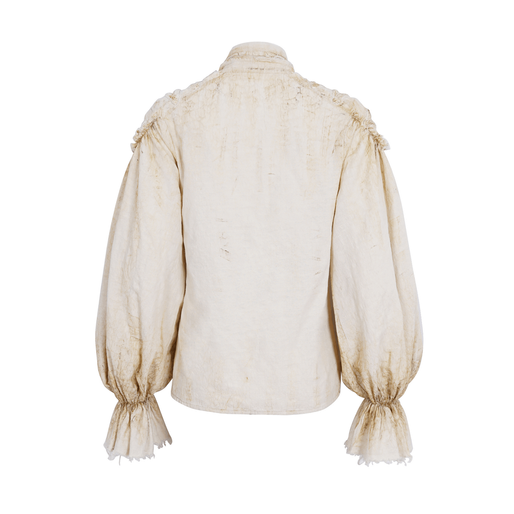 Back view of Women's Antique Ruffle Sleeves Shirt with elegant high collar and stylish tassel cuffs.