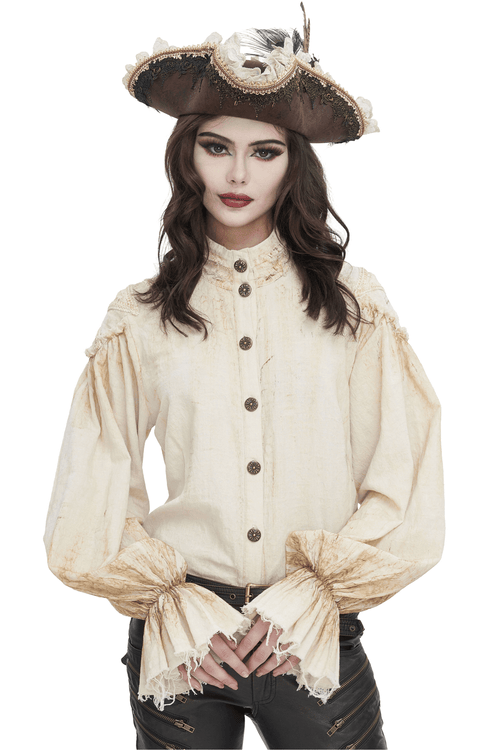 Women's Antique Ruffle Sleeves Shirt with Buttons Front
