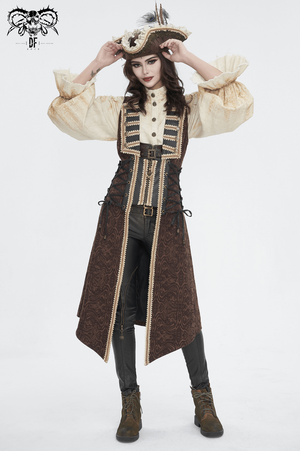 Woman in elegant vintage shirt with ruffle sleeves and long coat, styled for a charming antique look.