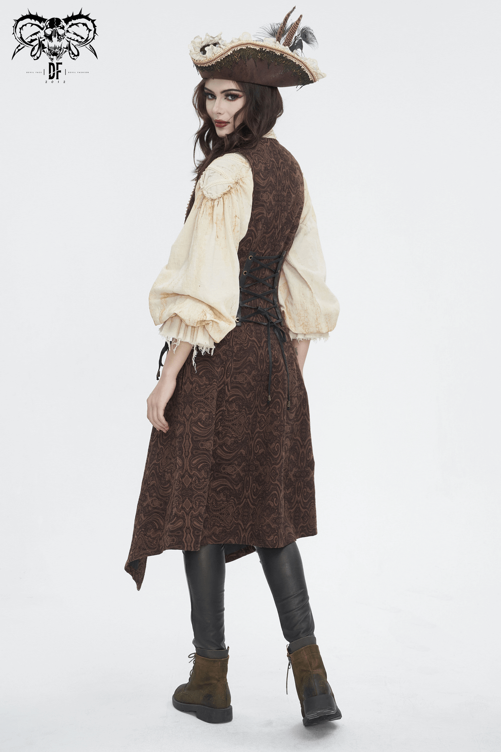 Woman in vintage pirate costume with brown dress and feathered hat, showcasing elegant back design and playful style.