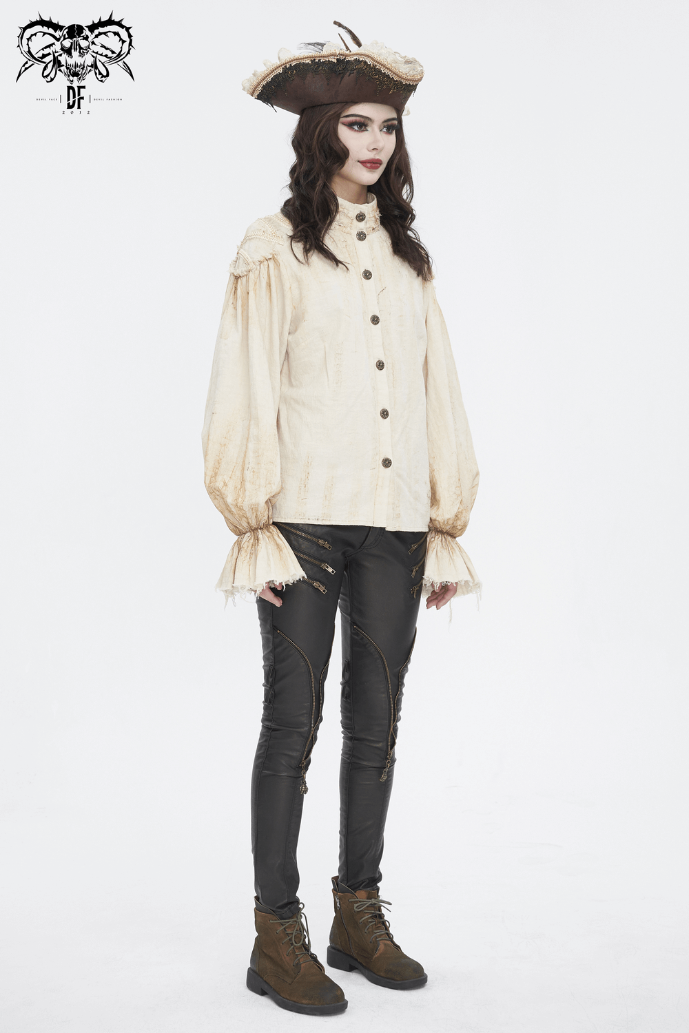 Model wearing a vintage ruffle sleeves shirt with buttons and stylish black pants, showcasing classic pirate-inspired fashion.