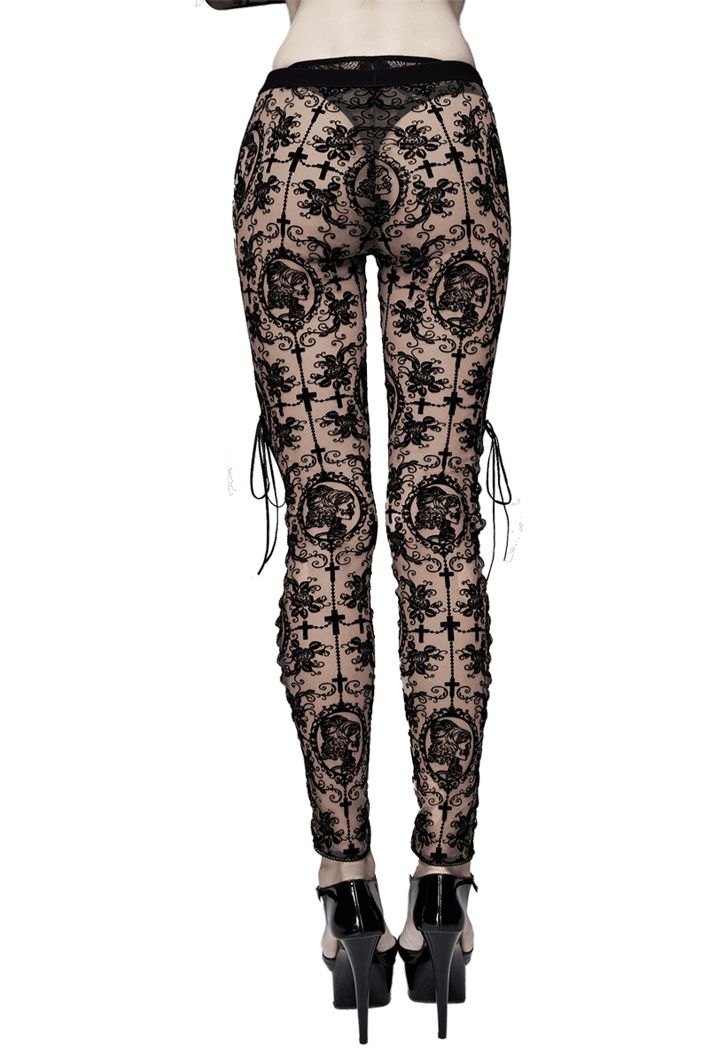 Women's Apricot Transparent Mesh Leggings with Lace Up / Elegant Gothic Leggings with High Waist