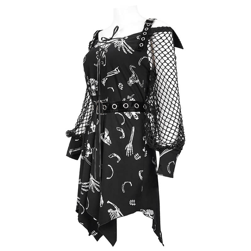 Women's Asymmetrical Dress with Buckle Straps on Shoulders / Gothic Dress with Mesh Lantern Sleeves - HARD'N'HEAVY