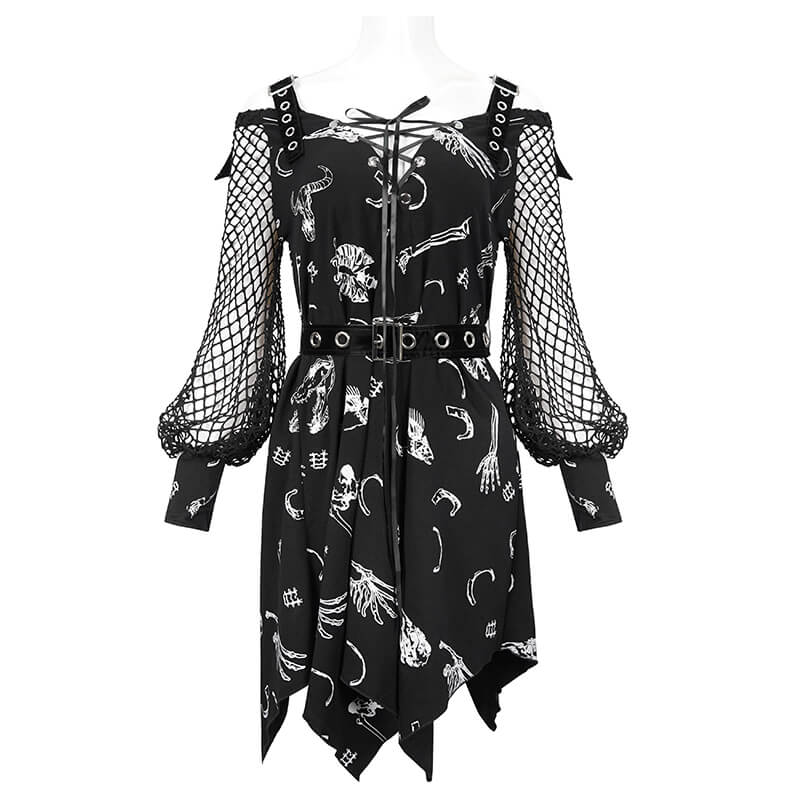 Women's Asymmetrical Dress with Buckle Straps on Shoulders / Gothic Dress with Mesh Lantern Sleeves - HARD'N'HEAVY