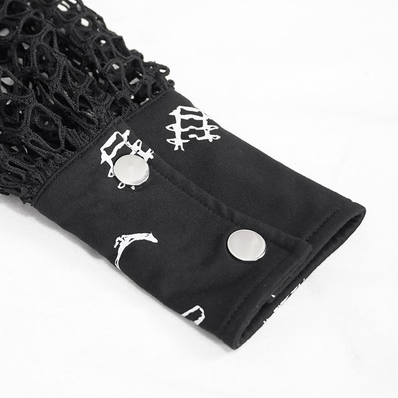 Close-up of gothic dress sleeve with mesh detail and snap buttons, showcasing unique black fabric design.