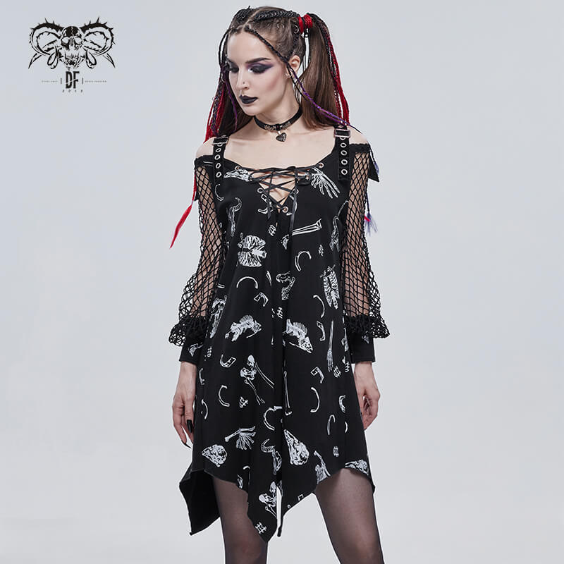 Gothic women's black dress with asymmetrical cut, lace-up front, and mesh sleeves featuring unique prints.