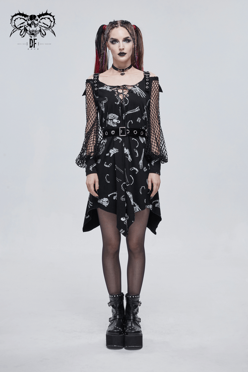 Elegant women's gothic asymmetrical dress with buckle straps and mesh lantern sleeves in black.