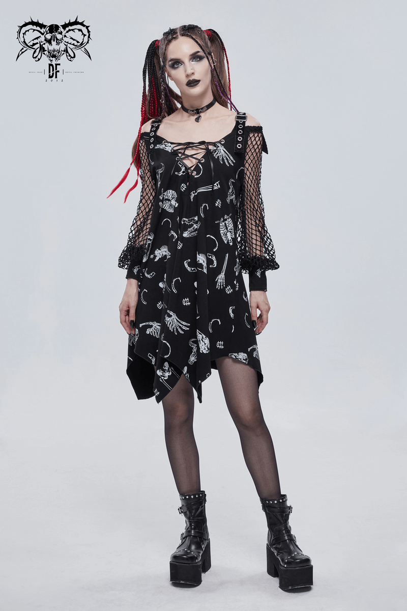 Women's black asymmetrical gothic dress with mesh lantern sleeves and buckle straps, stylishly showcasing a unique design.