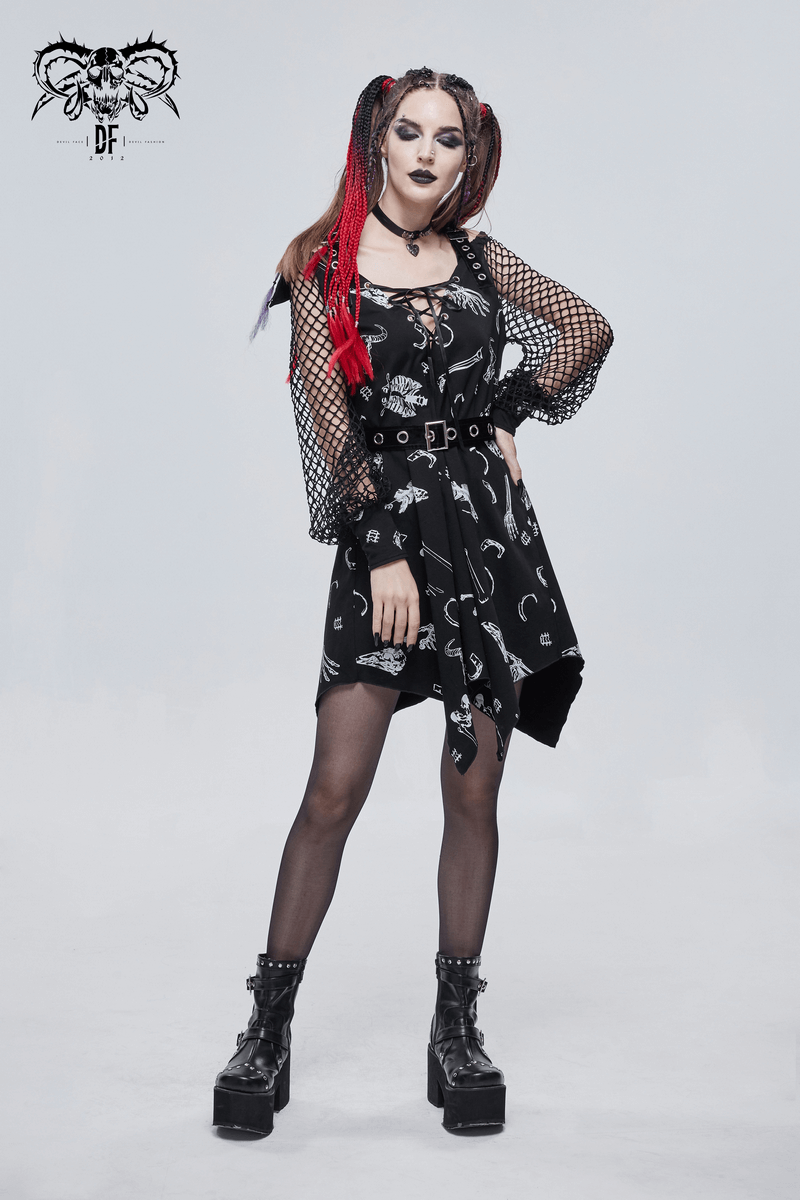 Stylish woman's gothic asymmetrical dress with buckle straps, mesh sleeves, and edgy look.