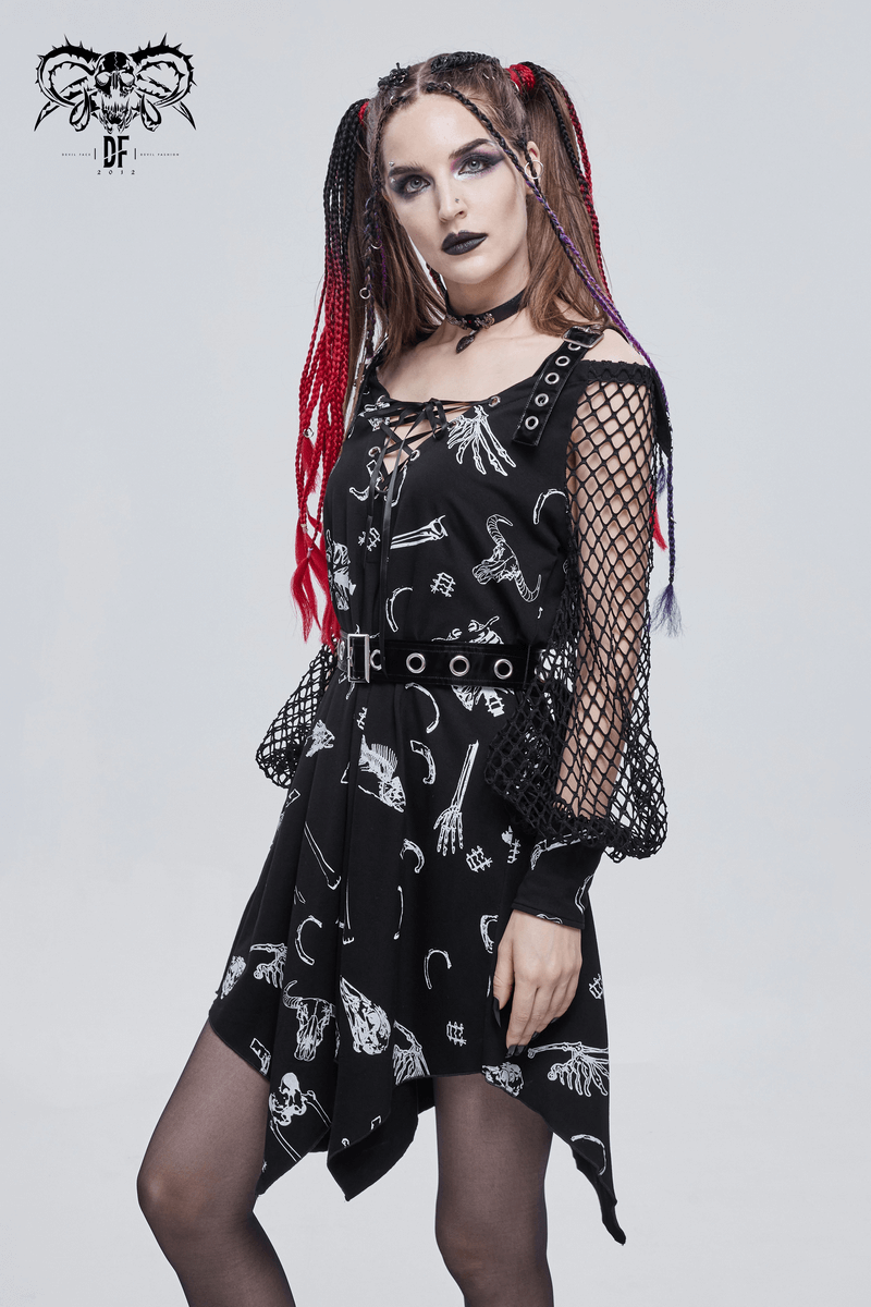 Asymmetrical black gothic dress with mesh sleeves, styled with buckle straps and edgy accessories.